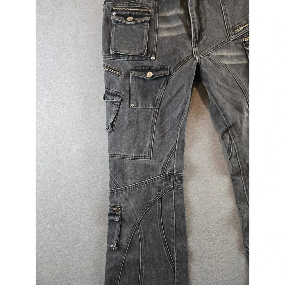 Insain Worldwide Cargo Jeans Mens L 34W Washed Black Streetwear Distressed Flare